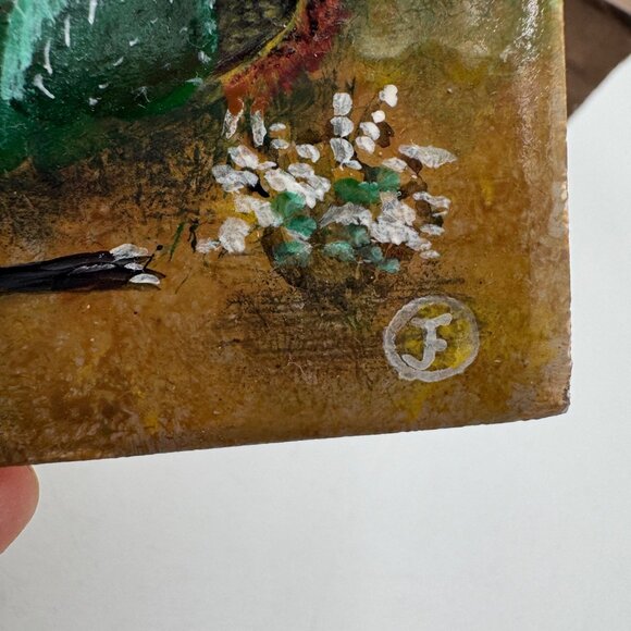 Prickly pear road runner painted tile southwest Arizona scene blue sky small tin - Picture 5 of 16